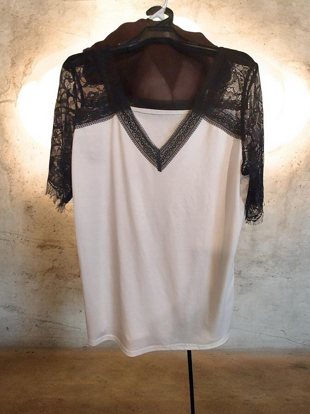 Botique White Tee with Black Lace Yoke